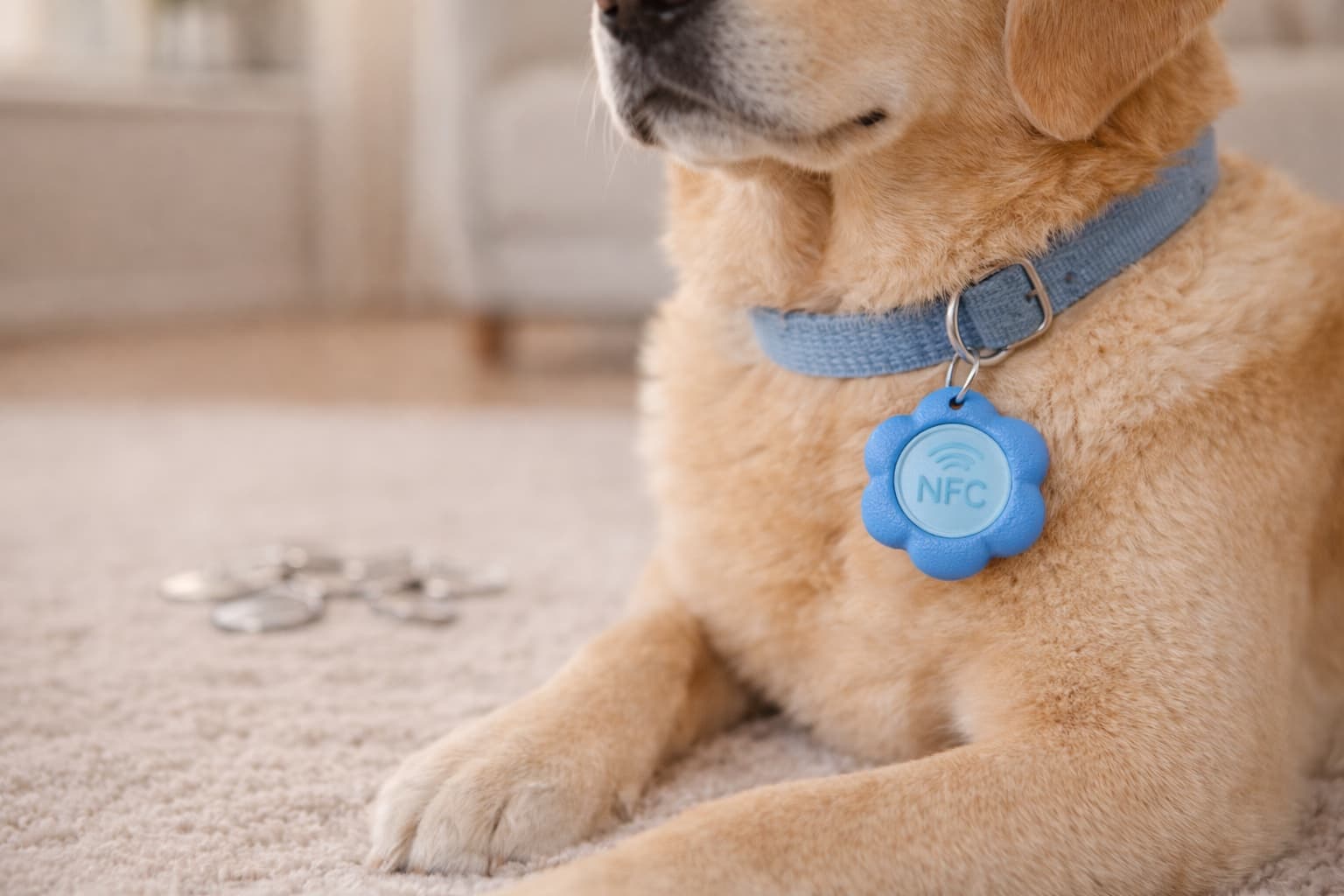 Hund trägt lautlosen Bloomtag NFC-Tag am Halsband — kein Geräusch, immer aktiv