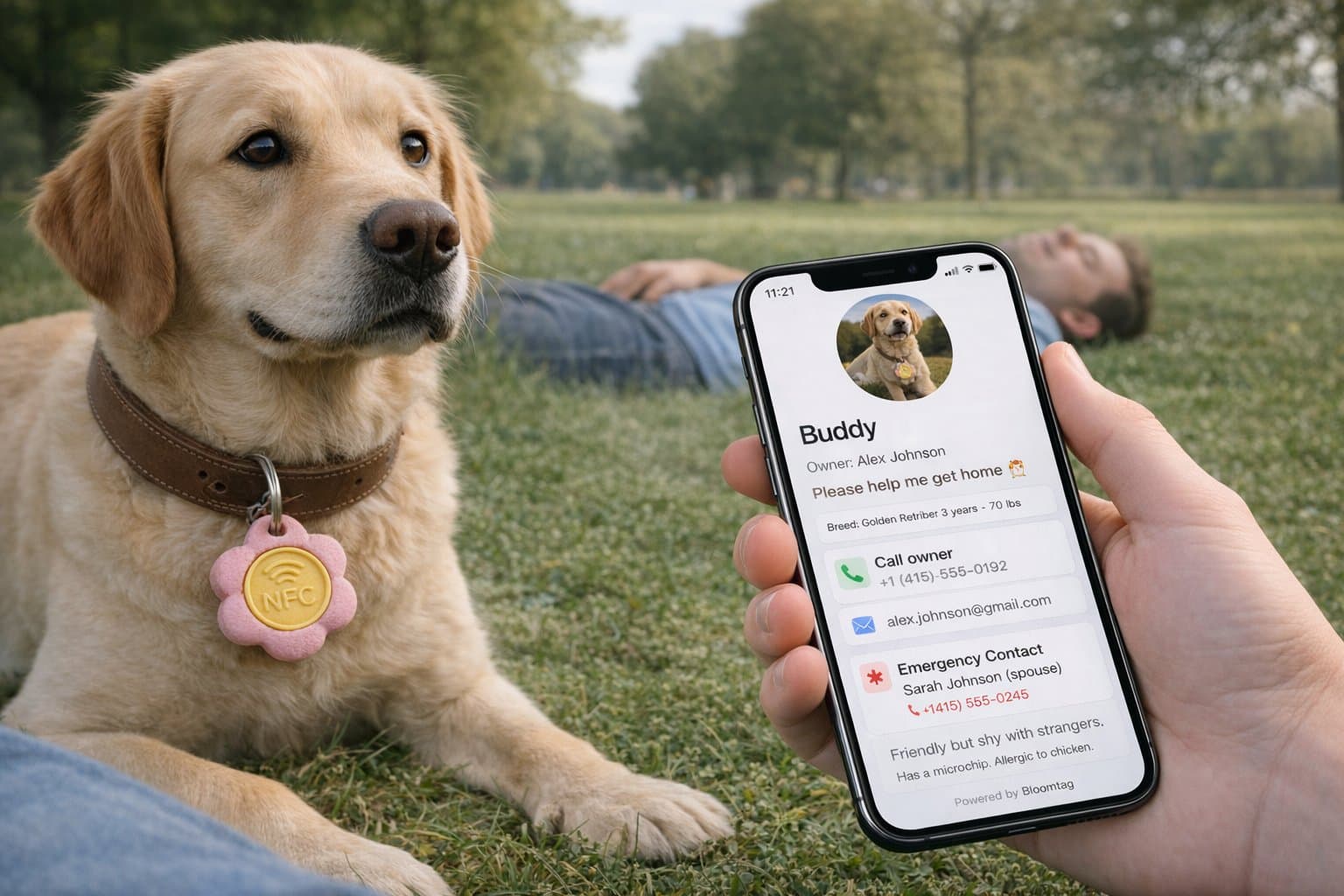Hundehalter mit Tier im Park — Bloomtag NFC-Tag zeigt Notfallkontakt beim Antippen