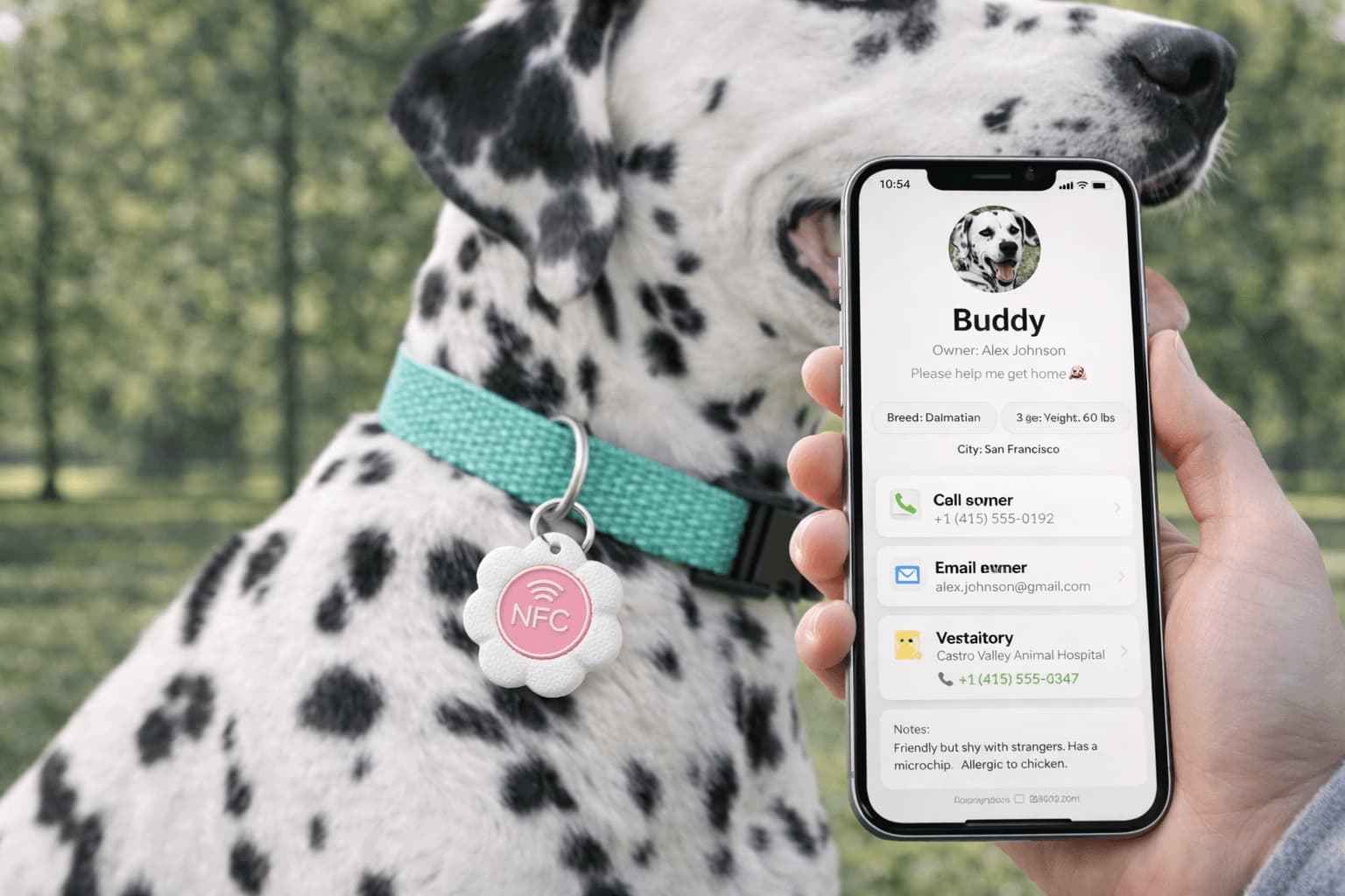So funktioniert der Bloomtag NFC-Blütentag — Tag am Hundehalsband antippen, Kontaktdaten des Halters erscheinen auf dem Telefon