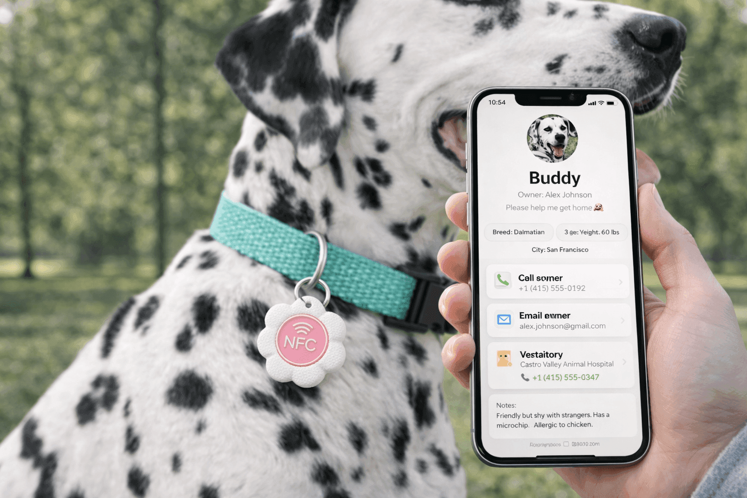How Bloomtag NFC flower tag works — tap dog collar tag, owner contact info appears on phone